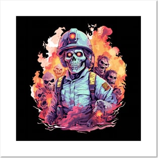 Zombie Firefighter Surrounded by Ghostly Halloween Undead Posters and Art